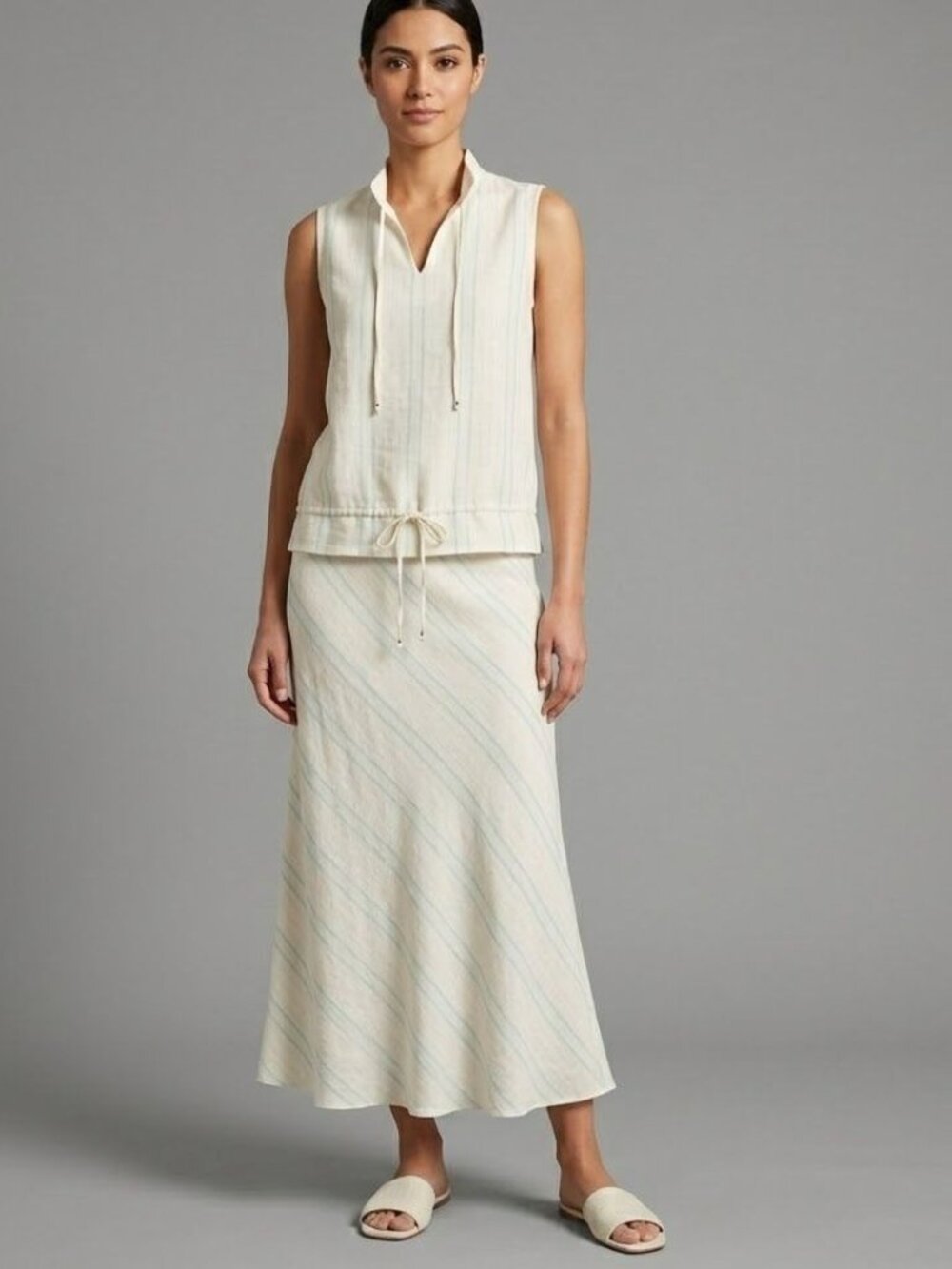 Calvin Klein Vintage Silk Ivory Striped Two-Piece Top 16 & Skirt Set Size 14